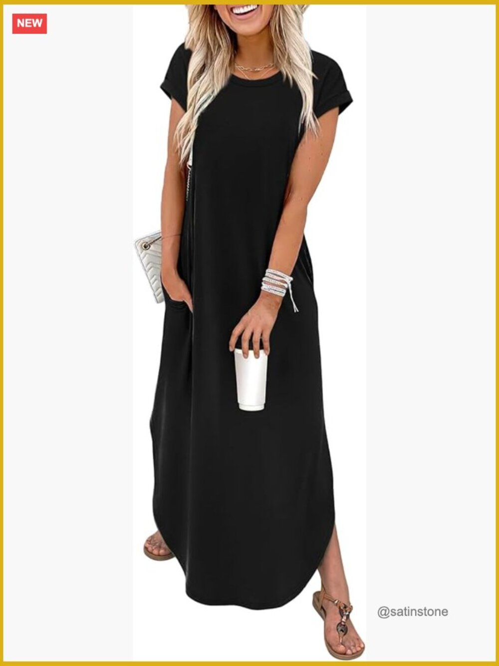 Casual Black Short-Sleeve Maxi Dress with Pockets